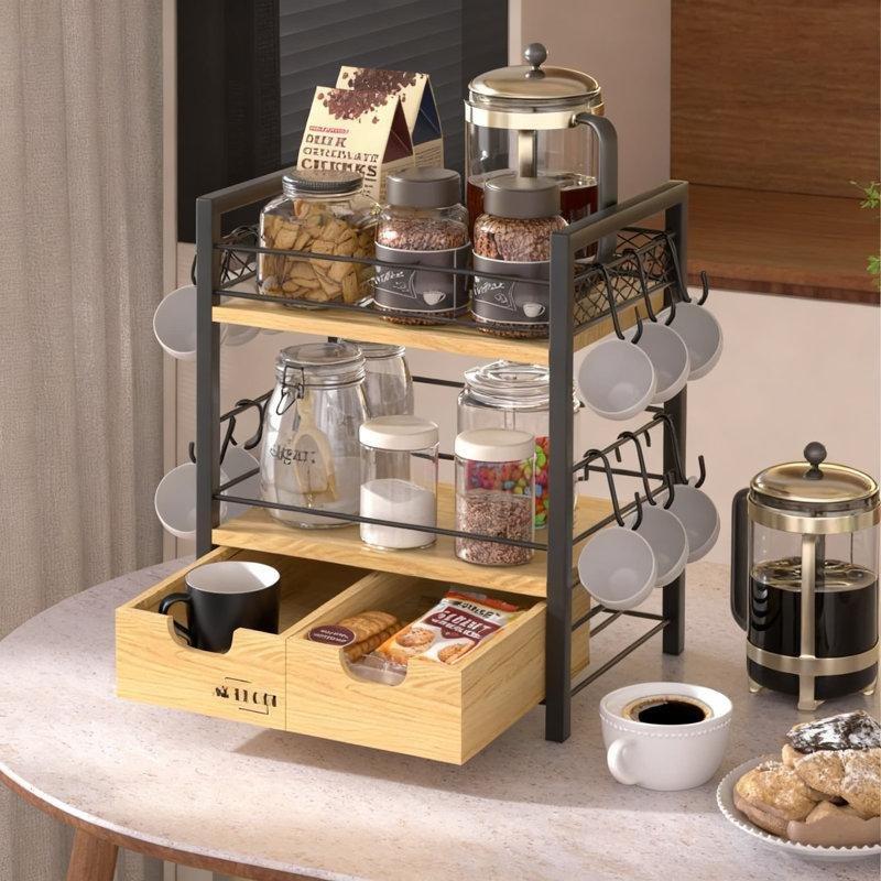 Üç Katlı Metal ve Ahşap Kahve Köşesi 41 cm (Yükseklik) × 33 cm (Genişlik) × 26 cm (Derinlik) - 99829