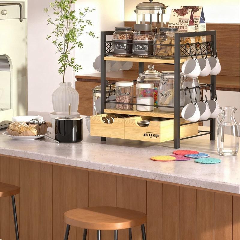 Üç Katlı Metal ve Ahşap Kahve Köşesi 41 cm (Yükseklik) × 33 cm (Genişlik) × 26 cm (Derinlik) - 99829