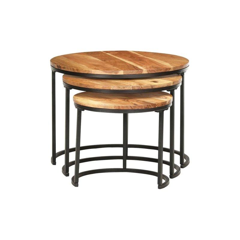 Üçlü Ahşap Zigon Sehpa 60x60x45 cm Doğal Akasya Siyah Metal Ayaklı - 106381