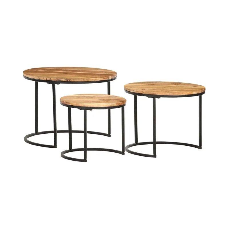 Üçlü Ahşap Zigon Sehpa 60x60x45 cm Doğal Akasya Siyah Metal Ayaklı - 106381