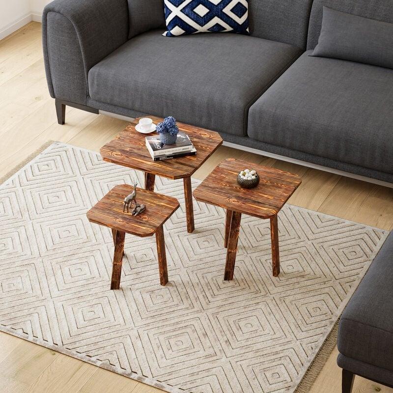 Üçlü Ahşap Zigon Sehpa Çam 40-50 cm Koyu Kahverengi - 107880