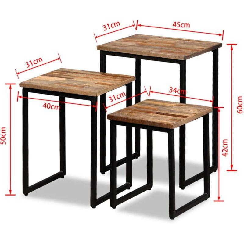 Üçlü Geri Dönüştürülmüş Teak Ahşap Zigon Sehpa Seti 45x31x60 cm Siyah Metal Ayaklı - 107076