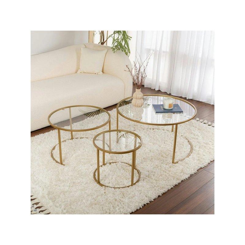Üçlü Gold Metal Yuvarlak Cam Zigon Sehpa 80 cm - 106279