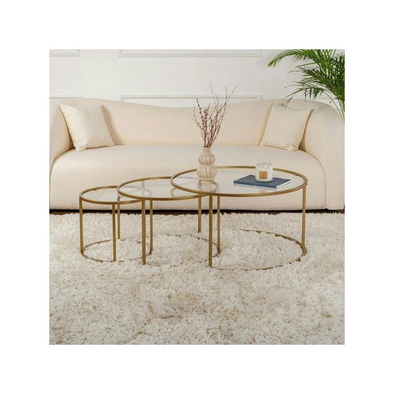 Üçlü Gold Metal Yuvarlak Cam Zigon Sehpa 80 cm - 106279