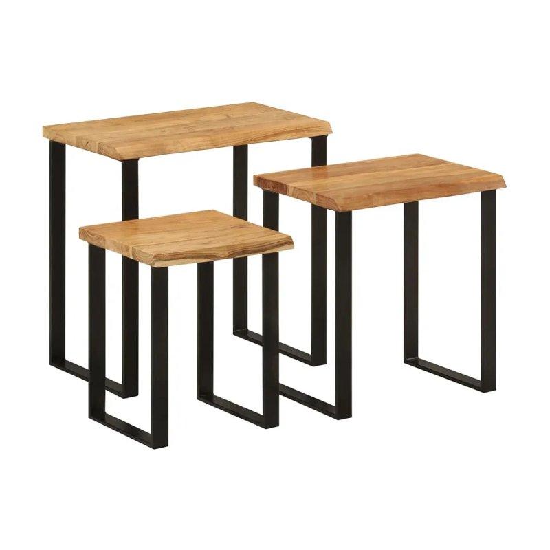 Üçlü Masif Akasya Ahşap Zigon Sehpa 60 cm Siyah Ayaklı - 106186