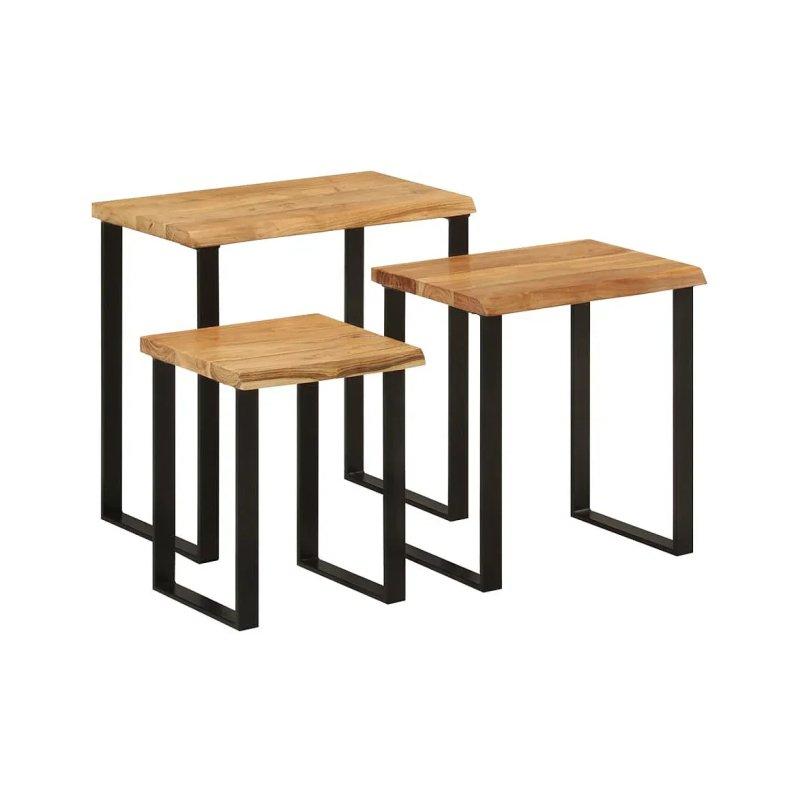 Üçlü Masif Akasya Ahşap Zigon Sehpa Siyah Metal Ayaklı 60x33x58 cm - 106135