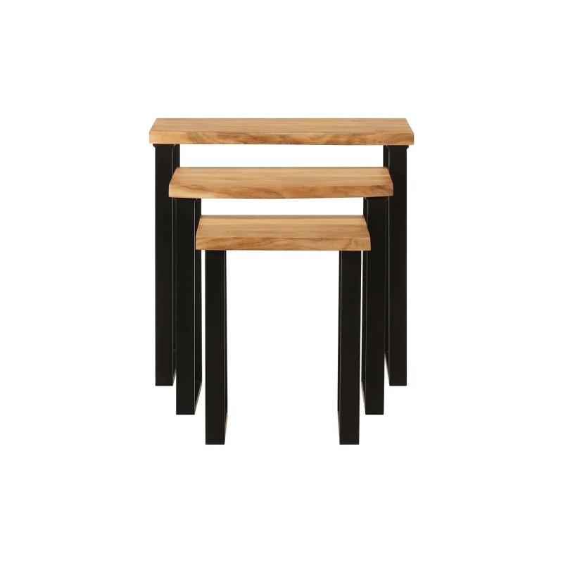 Üçlü Masif Akasya Ahşap Zigon Sehpa Siyah Metal Ayaklı 60x33x58 cm - 106135