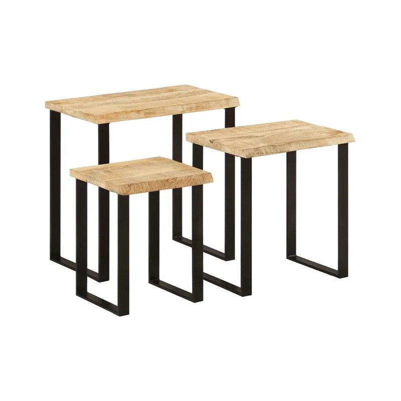 Üçlü Masif Mango Ahşap Zigon Sehpa 60x33x58 cm Siyah Metal Ayaklı - 106330