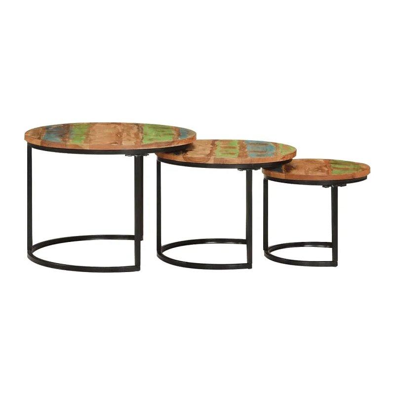 Üçlü Yuvarlak Geri Dönüşüm Ahşap Zigon Sehpa 55 cm Siyah Metal Ayaklı - 106156