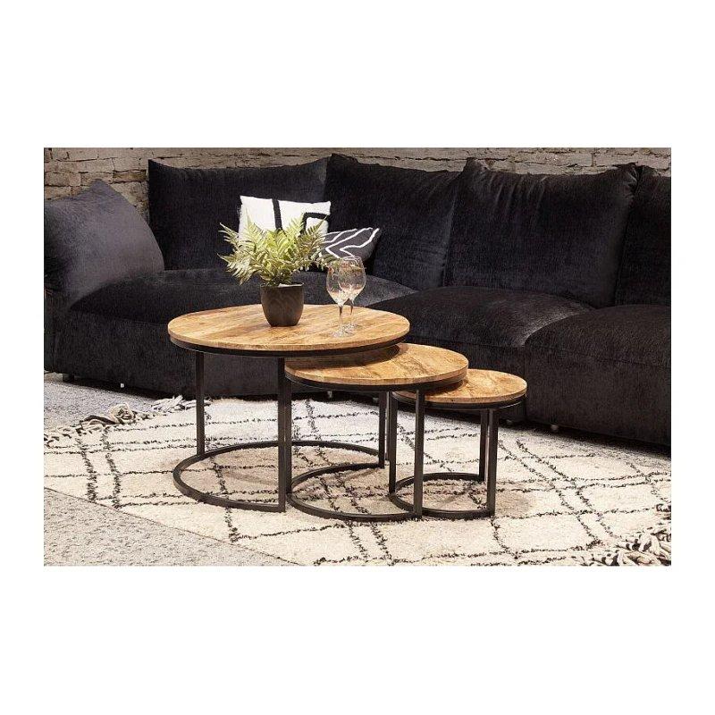 Üçlü Yuvarlak Masif Mango Ağacı Orta Sehpa Siyah Metal Ayaklı - 102354