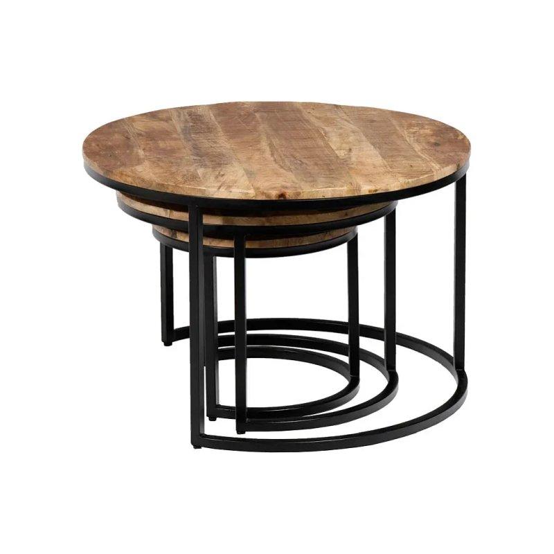 Üçlü Yuvarlak Masif Mango Ağacı Orta Sehpa Siyah Metal Ayaklı - 102354