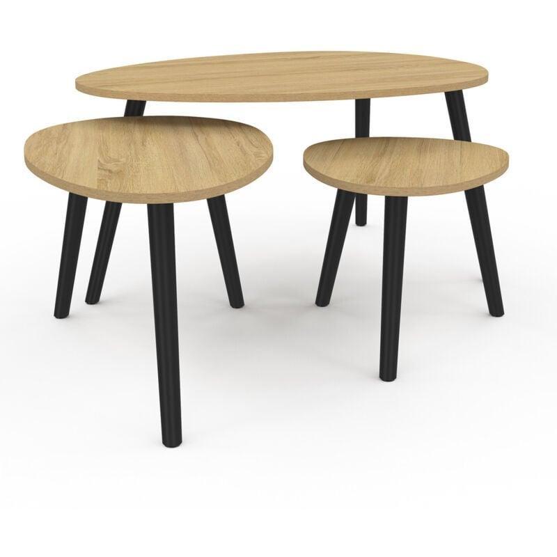 Üçlü Yuvarlak Orta Sehpa Siyah ve Doğal Ahşap 80x60 cm - 102949