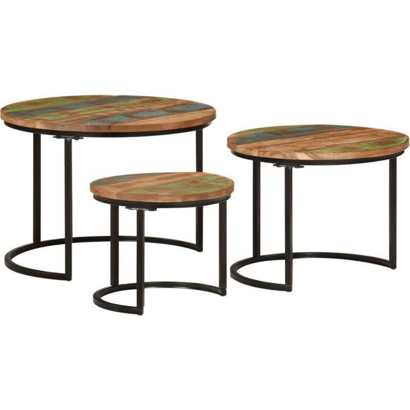 Üçlü Yuvarlak Zigon Sehpa Geri Dönüştürülmüş Ahşap Siyah Metal Ayaklı 55 cm - 107246