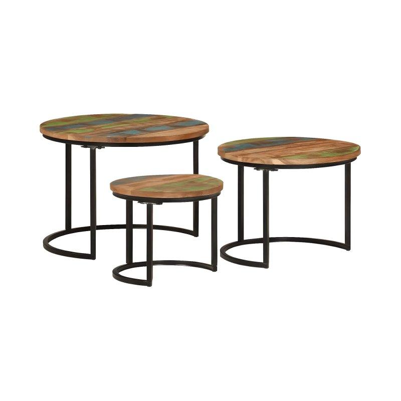 Üçlü Yuvarlak Zigon Sehpa Geri Dönüştürülmüş Masif Ahşap 55 cm Siyah Metal Ayaklı - 106357