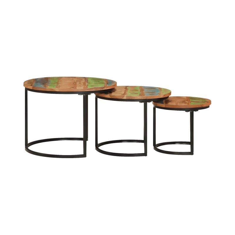 Üçlü Yuvarlak Zigon Sehpa Geri Dönüştürülmüş Masif Ahşap 55 cm Siyah Metal Ayaklı - 106357