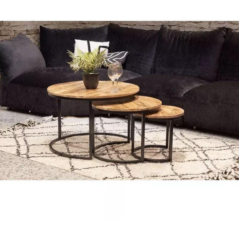 Üçlü Yuvarlak Zigon Sehpa Mango Ağacı Metal Ayaklı 75 cm Kahverengi - 107552