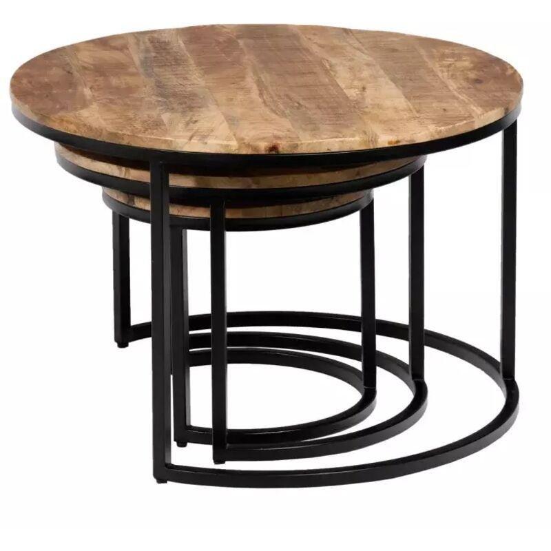 Üçlü Yuvarlak Zigon Sehpa Mango Ağacı Metal Ayaklı 75 cm Kahverengi - 107552