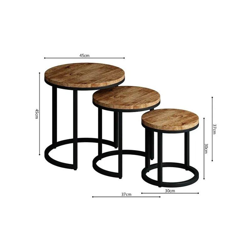 Üçlü Yuvarlak Zigon Sehpa Seti - MDF - Mangolya Desenli - Siyah Metal Ayaklı - 45 cm - 106081