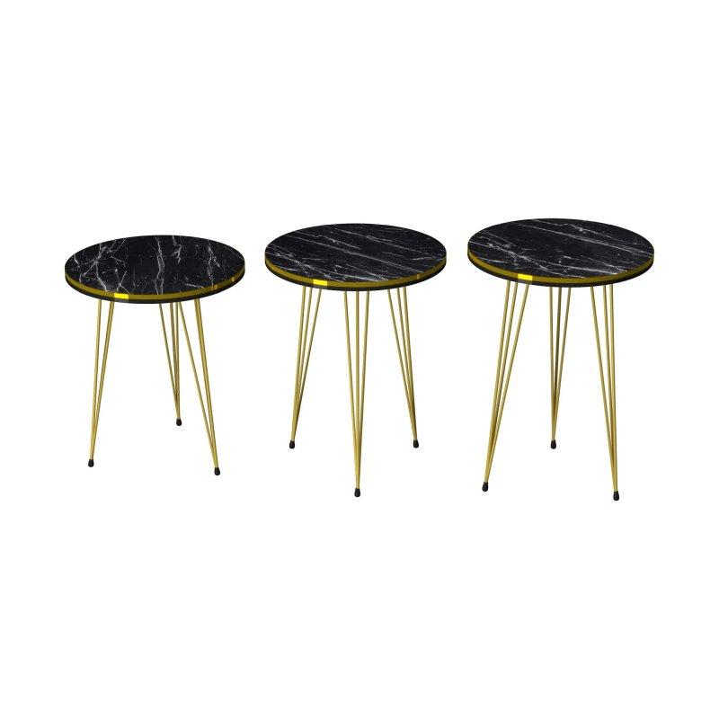 Üçlü Yuvarlak Zigon Sehpa Seti Siyah Mermer Desenli Gold Ayaklı 34x55 cm - 106561