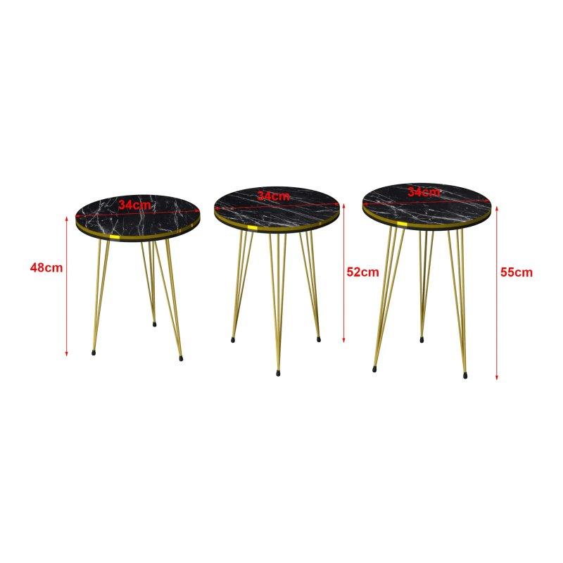 Üçlü Yuvarlak Zigon Sehpa Seti Siyah Mermer Desenli Gold Ayaklı 34x55 cm - 106561