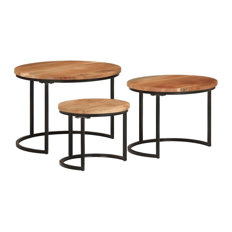 Üçlü Yuvarlak Zigon Sehpa Siyah Metal Ayaklı Masif Akasya Ahşap 55 cm - 106318