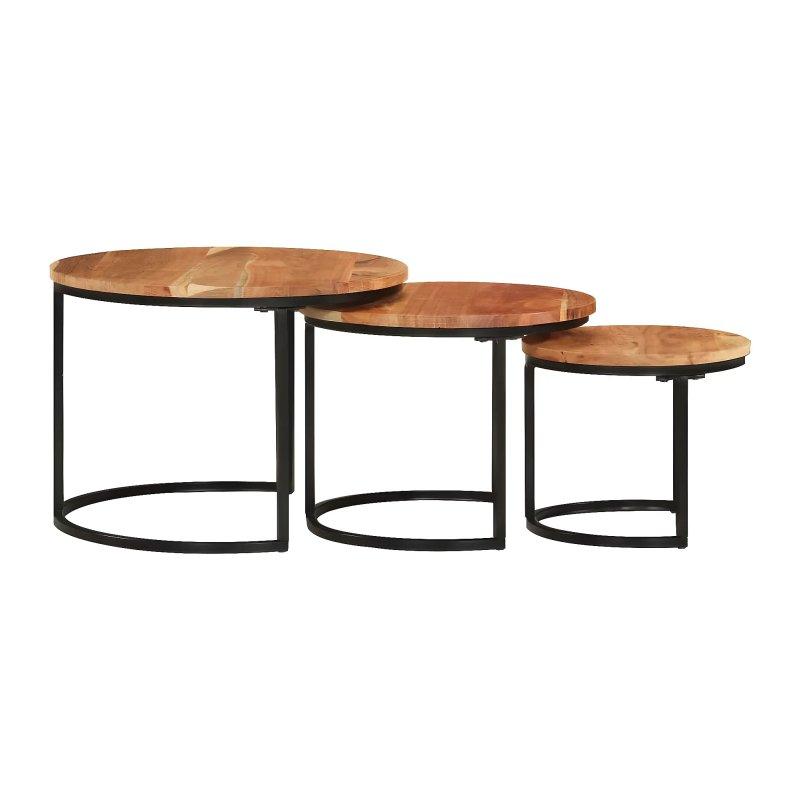 Üçlü Yuvarlak Zigon Sehpa Siyah Metal Ayaklı Masif Akasya Ahşap 55 cm - 106318