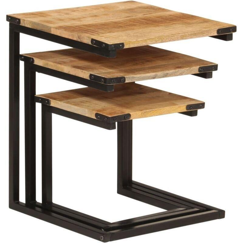 Üçlü Zigon Sehpa 40x40x50 cm Masif Mango Ahşap Siyah Metal Ayaklı Kahverengi - 106993