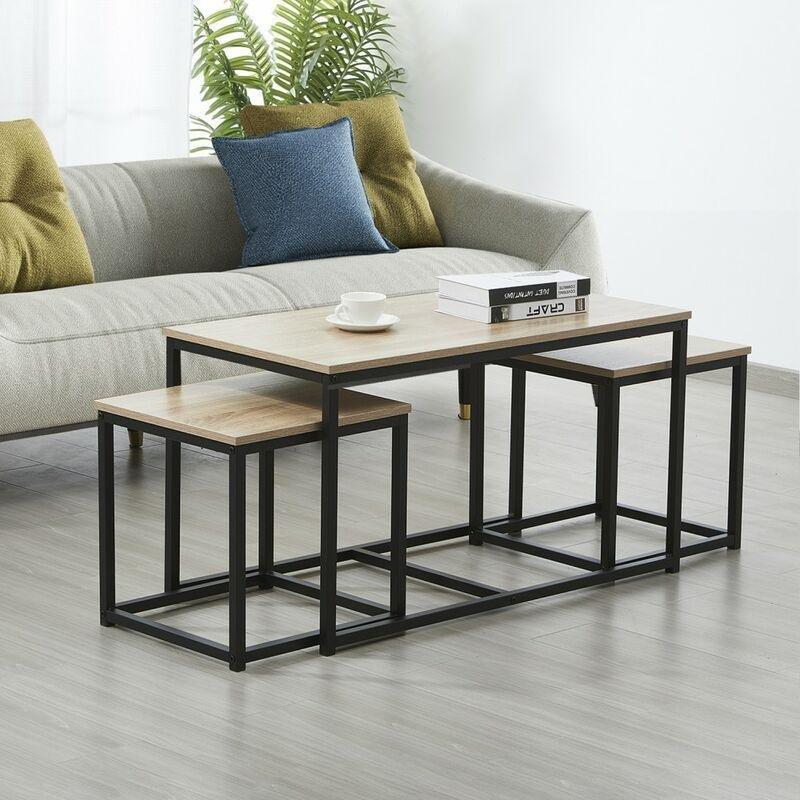 Üçlü Zigon Sehpa Beyaz Meşe Metal Ayaklı 90x45 cm - 107562