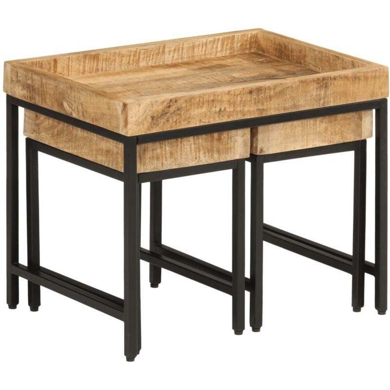 Üçlü Zigon Sehpa Doğal Masif Mango Ağacı Siyah Metal Ayaklı 50x35x40 cm - 106852