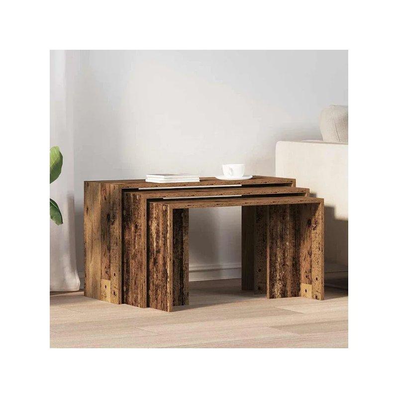 Üçlü Zigon Sehpa Eskitme Kahverengi Endüstriyel Ahşap 80 cm - 106192