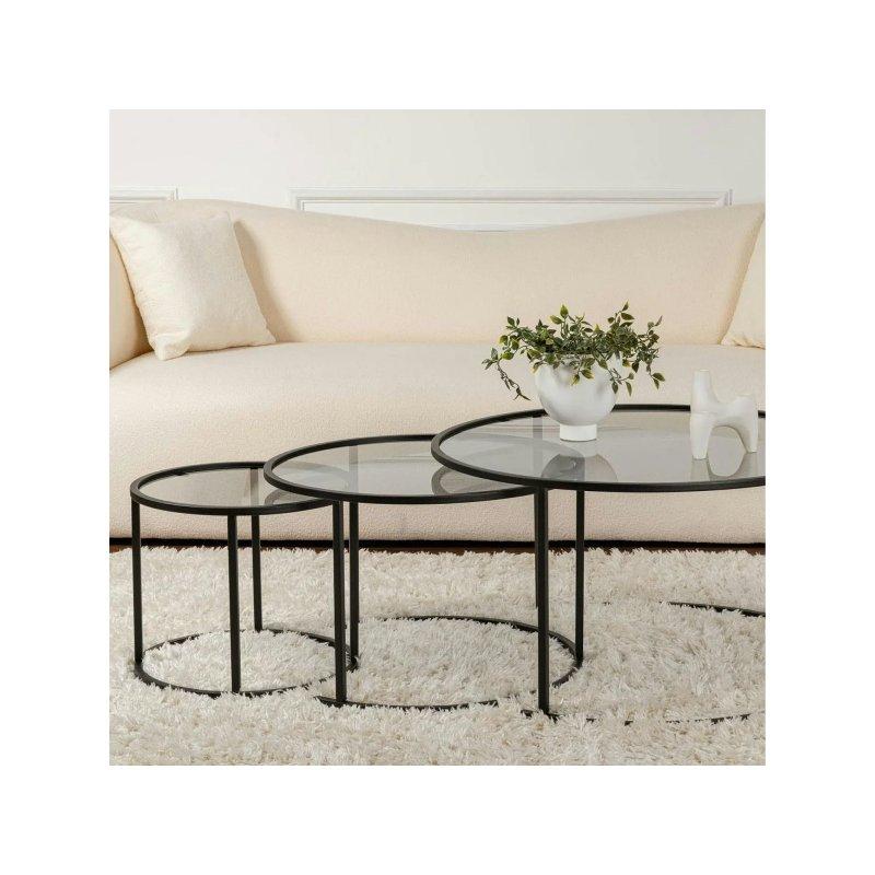 Üçlü Zigon Sehpa Füme Cam 80 cm Siyah Metal - 106225