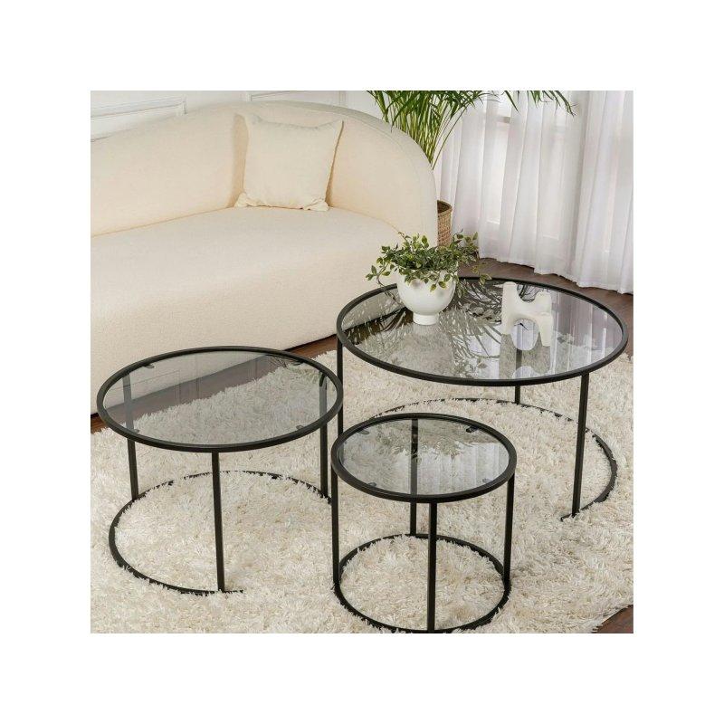 Üçlü Zigon Sehpa Füme Cam 80 cm Siyah Metal - 106225