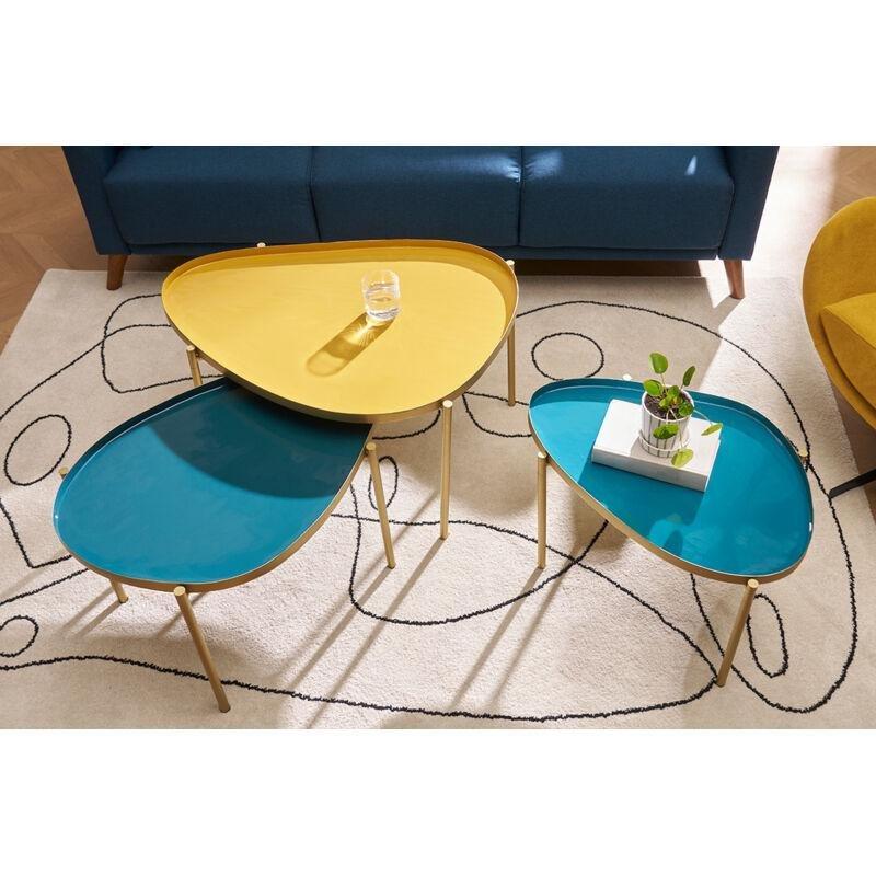 Üçlü Zigon Sehpa Lake Kaplama Hardal Sarısı Petrol Mavisi ve Mavi 81x62x48 cm - 107638