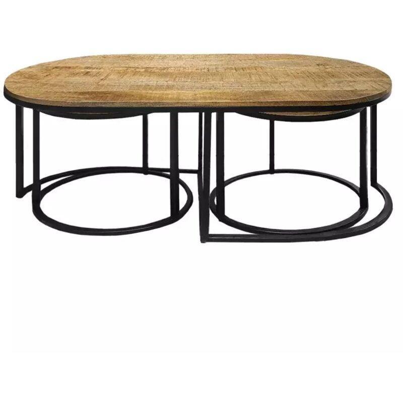 Üçlü Zigon Sehpa Mango Ahşap Siyah Metal 120x61 cm - 107044