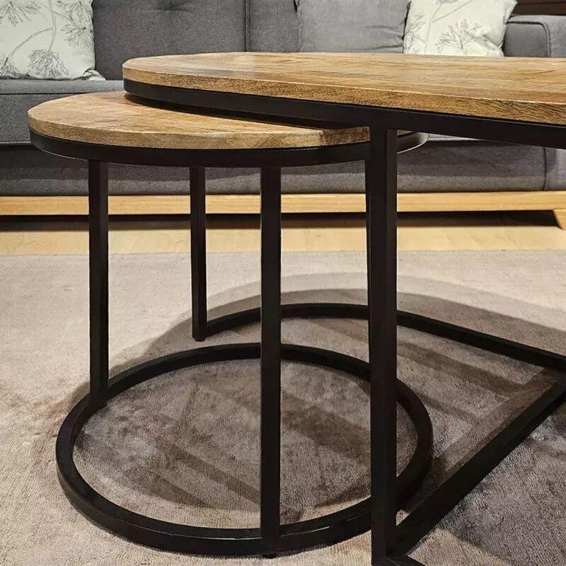 Üçlü Zigon Sehpa Mango Ahşap Siyah Metal 120x61 cm - 107044