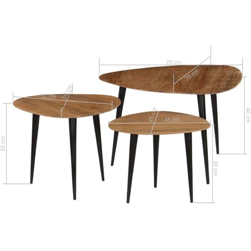 Üçlü Zigon Sehpa Masif Akasya Ahşap Metal Ayaklı Kahverengi 70x70 cm - 107787