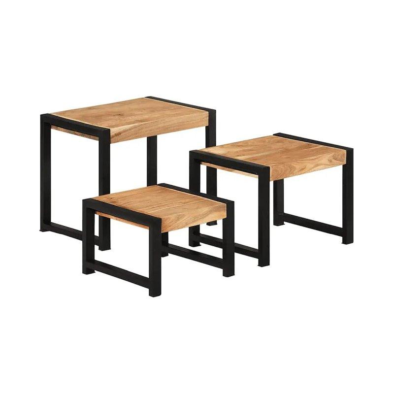 Üçlü Zigon Sehpa Masif Akasya Siyah Metal Ayak 60x41x48 cm - 106579