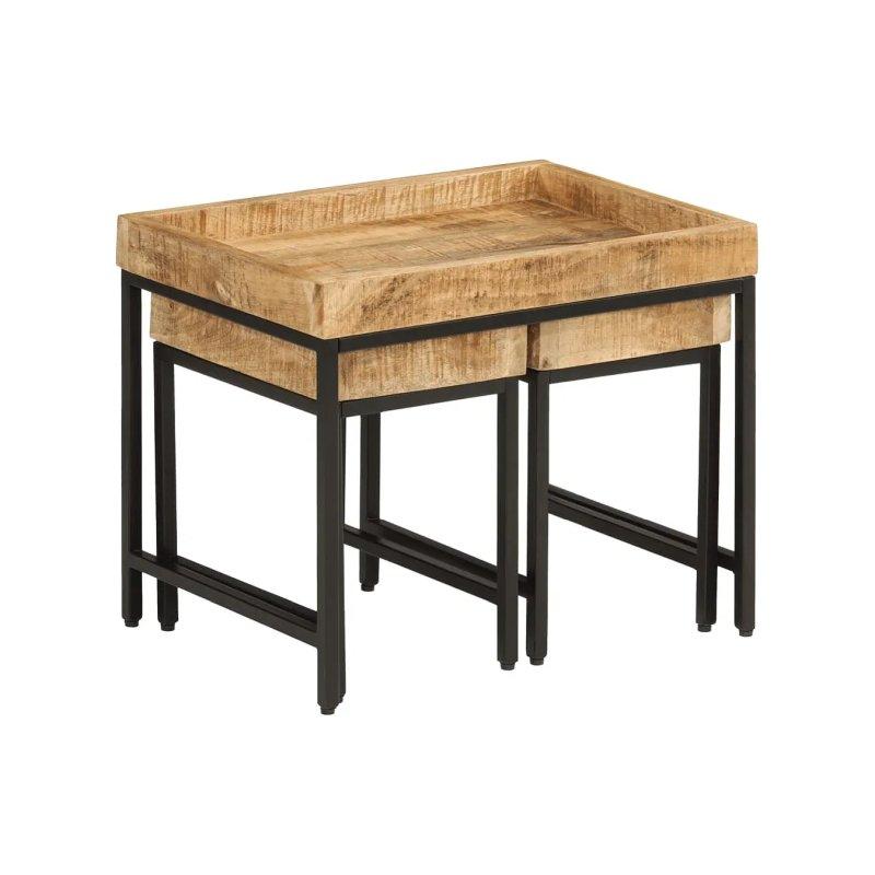 Üçlü Zigon Sehpa Masif Mango Ağacı ve Metal 50x35x40 cm Doğal Kahverengi - 106183