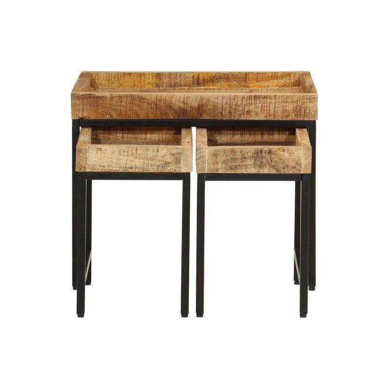 Üçlü Zigon Sehpa Masif Mango Ağacı ve Metal 50x35x40 cm Doğal Kahverengi - 106183