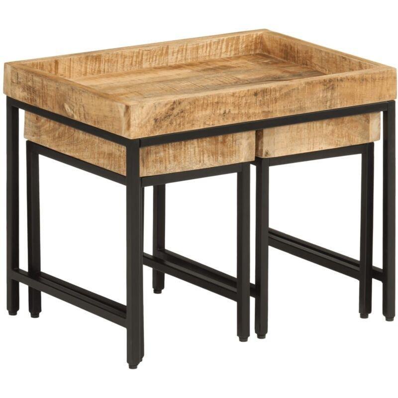 Üçlü Zigon Sehpa Masif Mango Ağacı ve Metal 50x35x40 cm Kahverengi - 107055