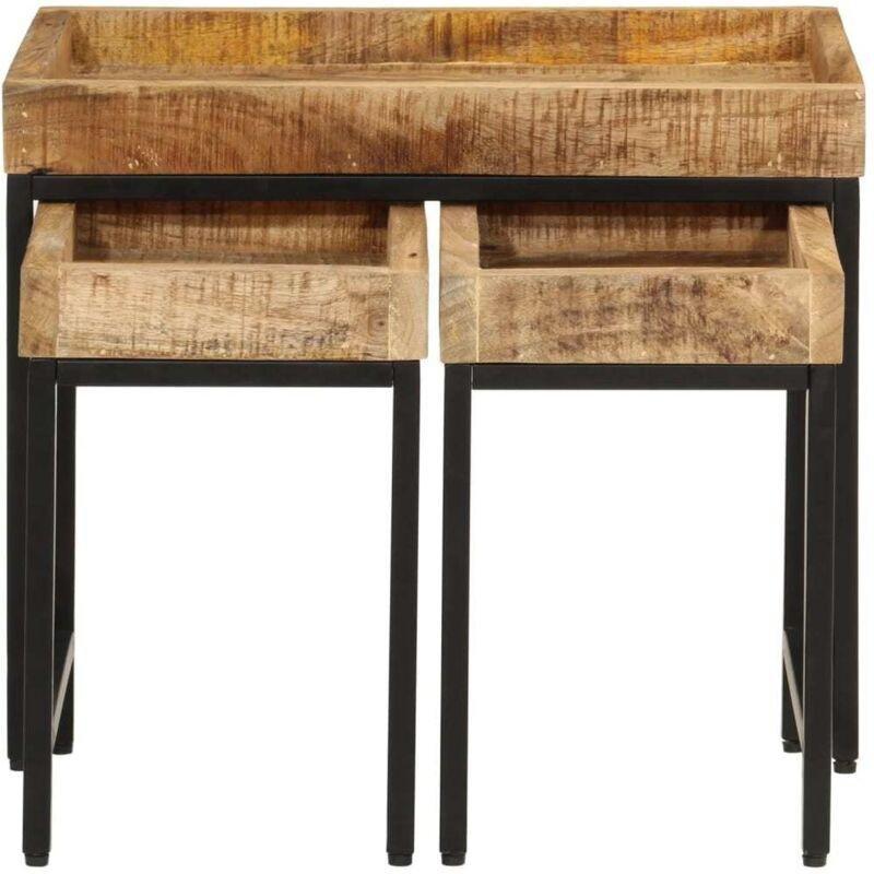 Üçlü Zigon Sehpa Masif Mango Ağacı ve Metal 50x35x40 cm Kahverengi - 107055