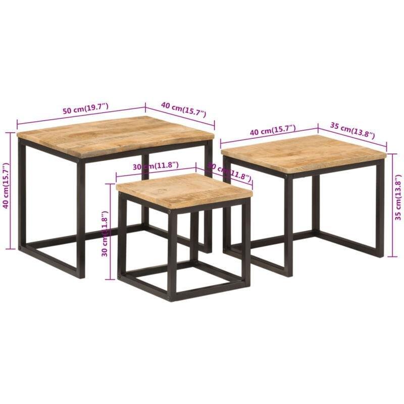 Üçlü Zigon Sehpa Masif Mango Ahşap Metal Ayaklı 50x40x40 cm Kahverengi - 107315