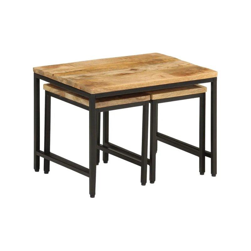 Üçlü Zigon Sehpa Masif Mango Ahşap Siyah Metal 127x89x89 cm - 106129