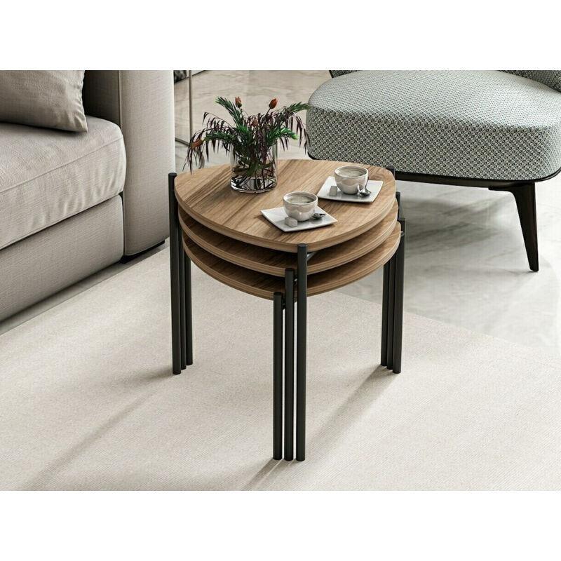 Üçlü Zigon Sehpa Seti Ceviz Rengi 45 cm Metal Ayaklı - 107381