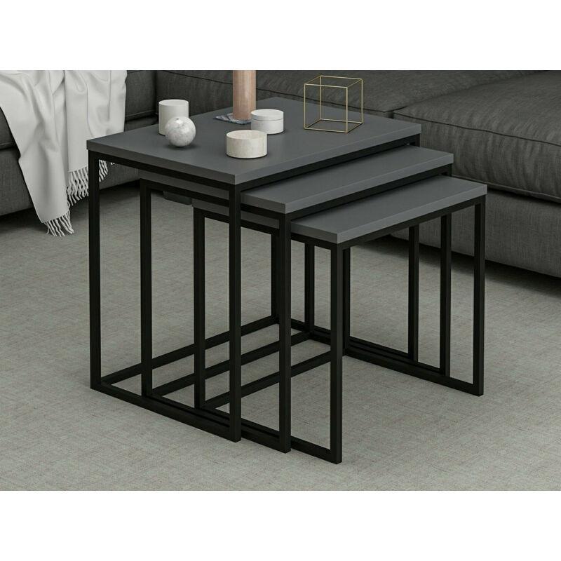 Üçlü Zigon Sehpa Siyah Metal Ayaklı Antrasit 55x40x50 cm - 107094