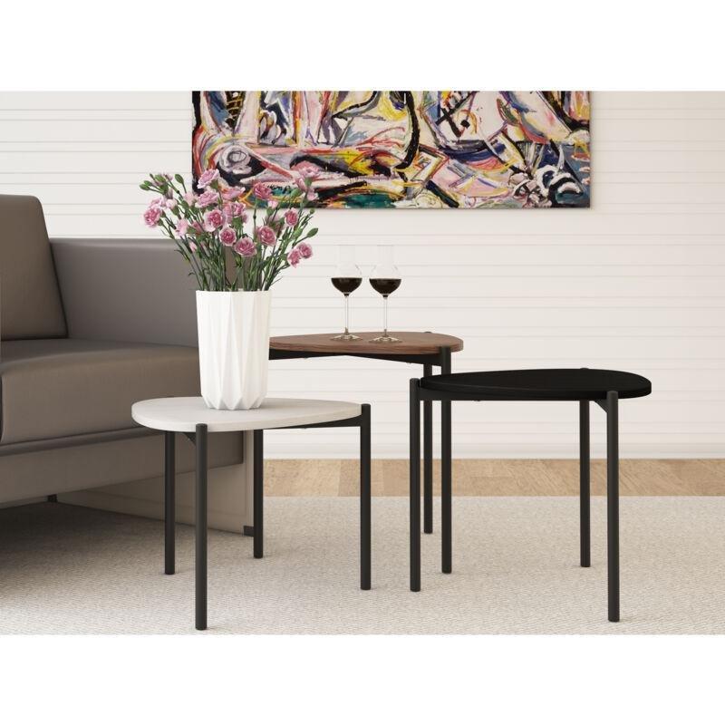 Üçlü Zigon Sehpa Yaprak Desenli Ahşap Beyaz Siyah 45 cm - 106835