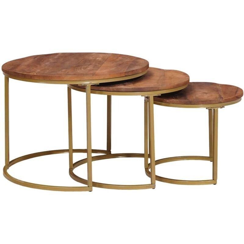 Üçlü Zigon Sehpa Yuvarlak Masif Mangoya Ahşap Gold Metal Ayaklı 60-50-40 cm Marron - 107019