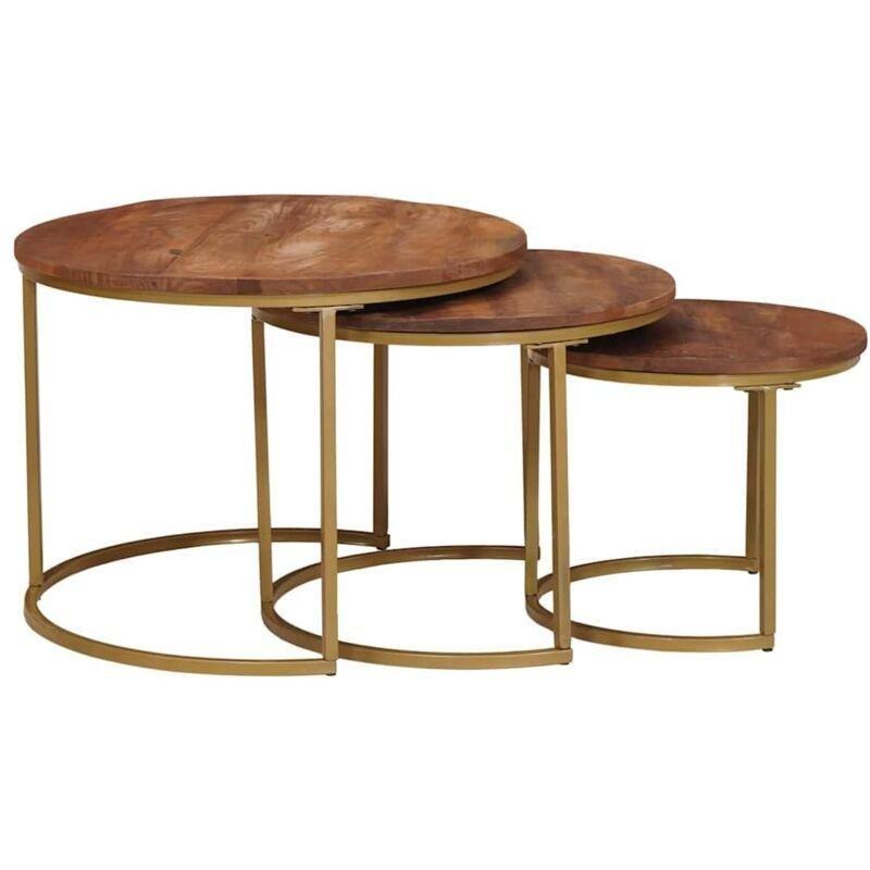 Üçlü Zigon Sehpa Yuvarlak Masif Mangoya Ahşap Gold Metal Ayaklı 60-50-40 cm Marron - 107019