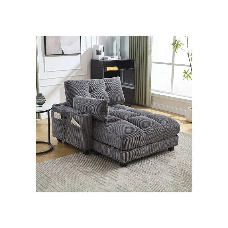 Velvet Kumaş Dinlenme Koltuğu, Bardaklıklı ve Yan Cepli Gri-140x81x112 cm - 109736