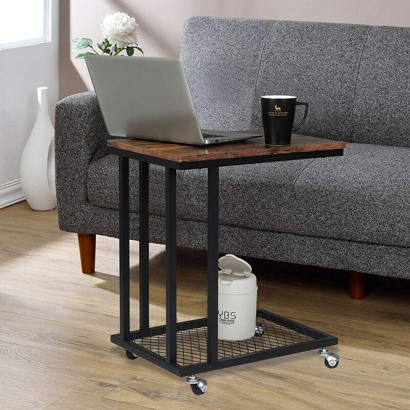 Vintage Ahşap MDF Raflı Tekerlekli Yan Sehpa-51x36x60 cm - 111490